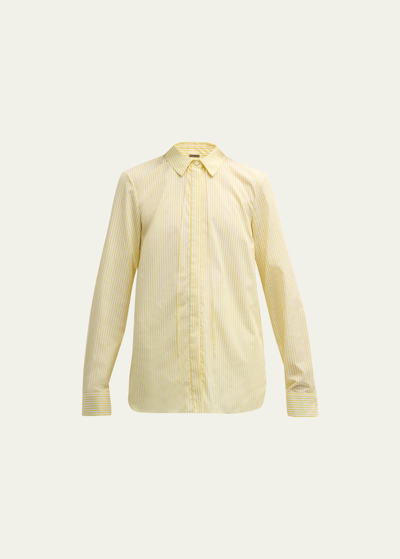 Adam Lippes Stripe Button Down Shirt With Thin Bow In Citrine/white