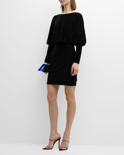 Liv Foster Bishop-sleeve Rhinestone Velvet Mini Dress In Black