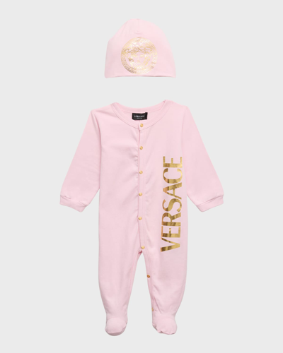 Versace Kid's Logo-print Footie & Hat Set In Baby Pinkgold