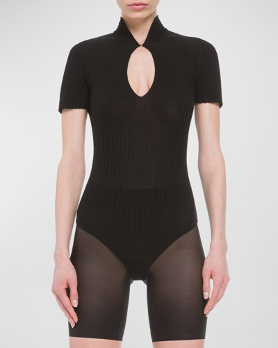 Wolford Cutout Ribbed Wool Bodysuit In Black