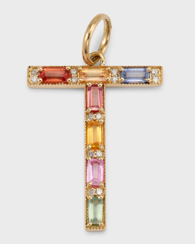 Kastel Jewelry Initial T Pendant With Multicolor Sapphires And Diamonds
