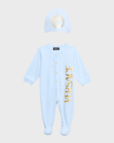 Versace Kid's Logo-print Footie & Hat Set In Baby Bluegold
