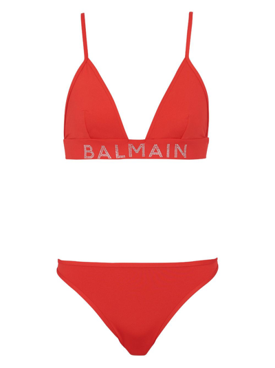 Balmain Logo-embellished Bikini Set In Red