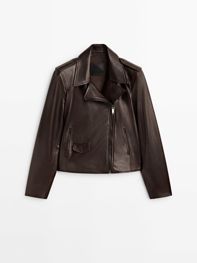 Massimo Dutti Nappa Leather Biker Jacket In Bordeaux | ModeSens