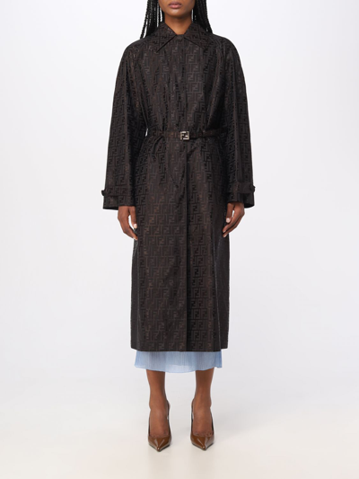 Fendi Trench Coat In Cotton Blend With Monogram Pattern In Black