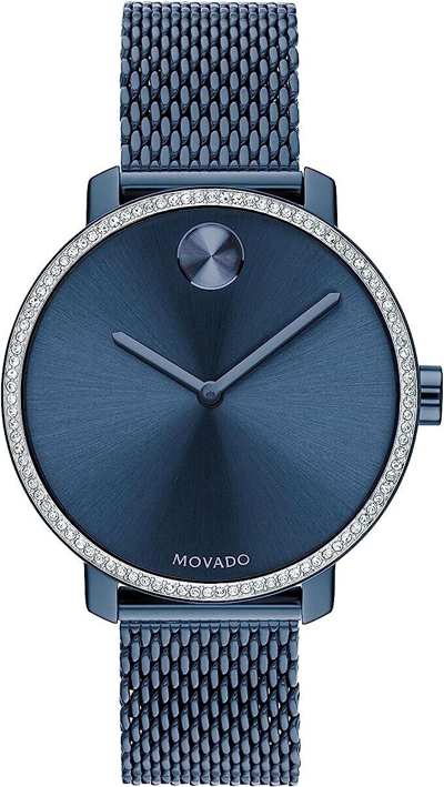 Pre-owned Movado 3600780 Bold Shimmer Blue Glitz Dial Blue Mesh Band Womens Watch