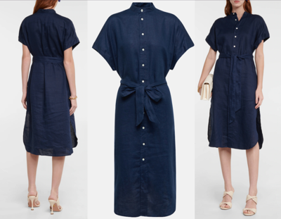 Pre-owned Polo Ralph Lauren Belted Linen Midi Shirtdress Dress Shirt Linen Dress Xxs In Blue