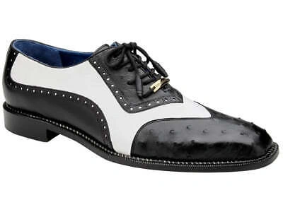 Pre-owned Belvedere Genuine Ostrich Quill Italian Leather Wing Tip Shoes Sesto Black/white
