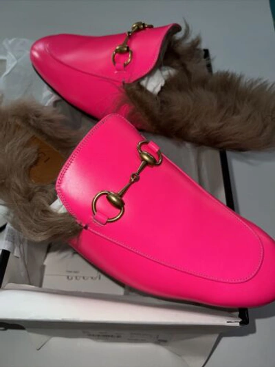 Pre-owned Gucci Men's  Princetown Mules Fur Lined Leather Slipper Fuchsia Pink Size 9