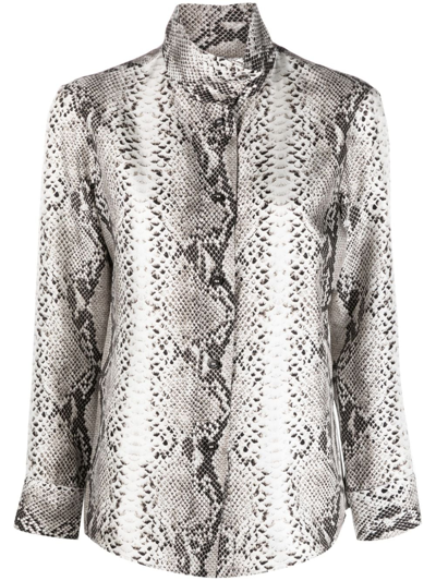 Alberto Biani Snakeskin-print High-neck Silk Shirt In Gray