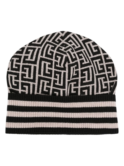 Balmain Logo-jacquard Wool Beanie In Schwarz