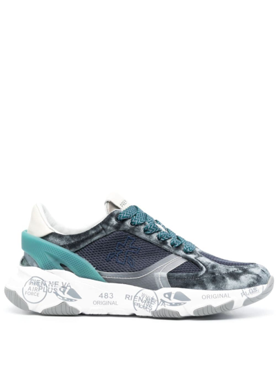 Premiata Buffly Velvet-effect Leather Sneakers In Blau