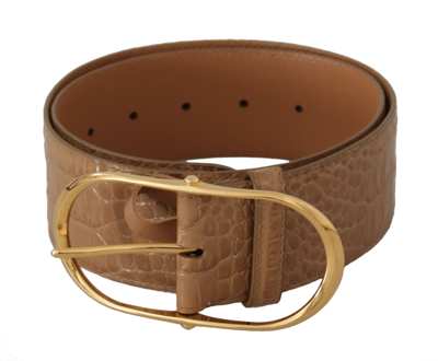 Dolce & Gabbana Brown Beige Leather Gold Metal Oval Buckle Belt