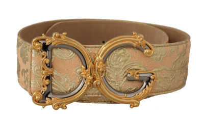 Dolce & Gabbana Gold Wide Waist Jacquard Baroque Dg Logo Buckle Belt In Gold And Pink
