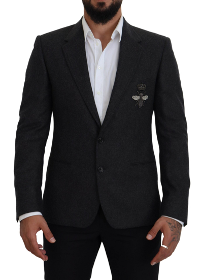 Dolce & Gabbana Grey Wool Crown Bee Formal Blazer