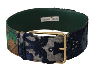 Dolce & Gabbana Green Jacquard Embroid Leather Gold Metal Buckle Belt