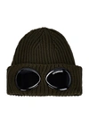 C.p. Company Green Goggle Beanie With Turn-up Brim In Cotton Man In Ivy Green