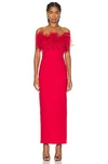 The New Arrivals By Ilkyaz Ozel Feathered Neckline Sheath Dress With Back Slit In Pedro Red