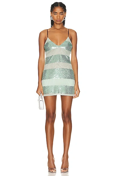 Fleur Du Mal Sequin Stripe Mini V Neck Slip Dress In Jade Sequin Stripe