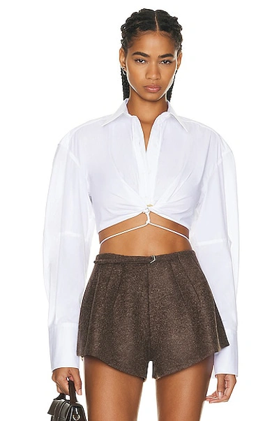 Jacquemus Plidao Cropped Embellished Cotton-blend Poplin Shirt In White