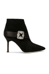 Manolo Blahnik Plinianu 90 Crystal-embellished Satin-trimmed Suede Ankle Boots In Black