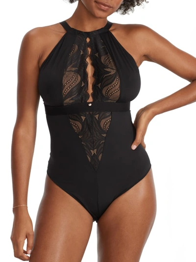 Scantilly By Curvy Kate Indulgence Stretch Lace Bodysuit In Black,latte