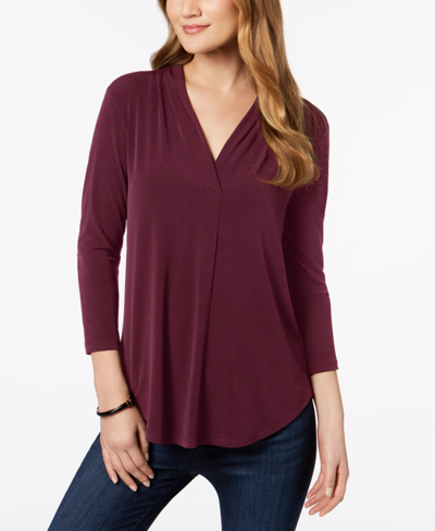 Charter Club Petite Pleat-neck 3/4-sleeve Top, Created For Macy's In Harvest Wine