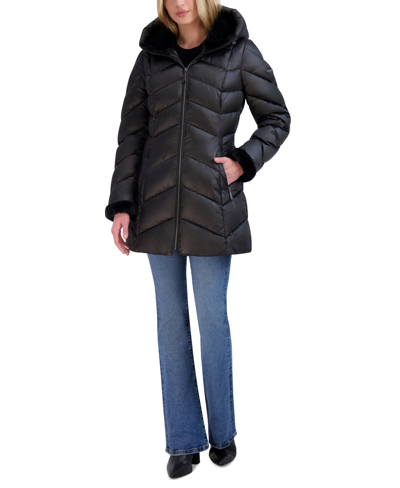 Laundry By Shelli Segal Women's Shine Faux-fur-trim Hooded Puffer Coat In Black