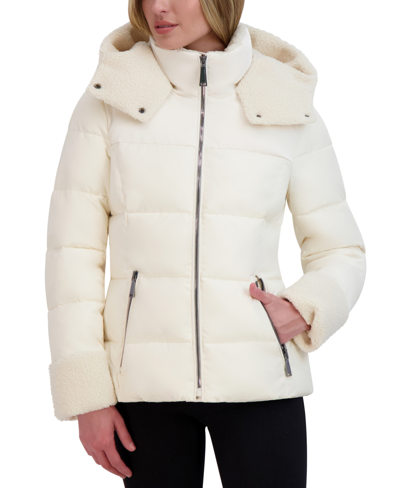 Laundry By Shelli Segal Women's Faux-shearling-trim Hooded Puffer Coat In Cream