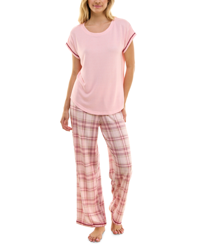 Roudelain Women's 2-pc. Short-sleeve Printed Pajamas Set In Pink Dolphin,birdie Plaid