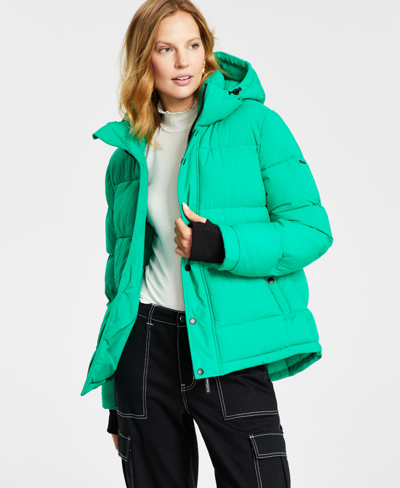 Bcbgeneration Women's Hooded Thumbhole-cuff Puffer Coat In Kelly Green