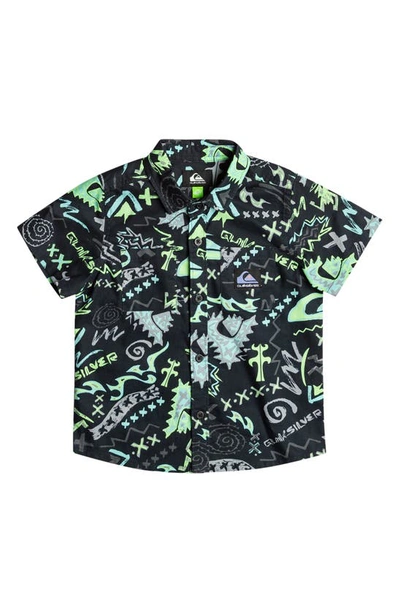 Quiksilver Kids' Next Gen Print Short Sleeve Cotton Button-up Shirt In Black