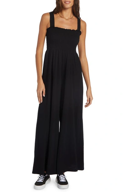 Roxy Juniors' Just Passing By Smocked-top Wide-leg Jumpsuit In Anthracite