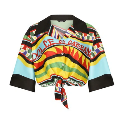 Dolce & Gabbana Camicia Corta Con Nodo In Twill Stampa Carretto In Multicolor