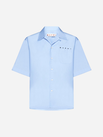Marni Logo Printed Poplin Bowling Shirt In Light Blue