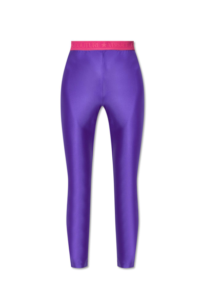 Versace Jeans Couture Logo-waistband Coated Leggings In Purple