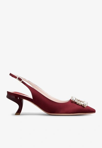 Roger Vivier 55 Virgule Crystal Buckle Slingback Pumps In Satin In Red