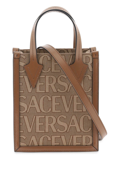 Versace Allover Small Tote Bag In Brown