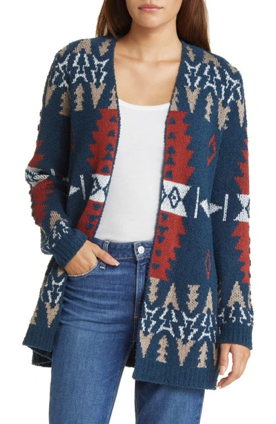 Bobeau Pattern Cardigan In Navy/ Red