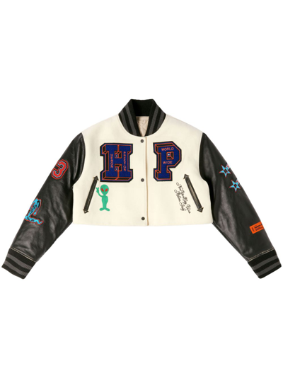 Heron Preston Patched Cropped Varsity Jacket In White