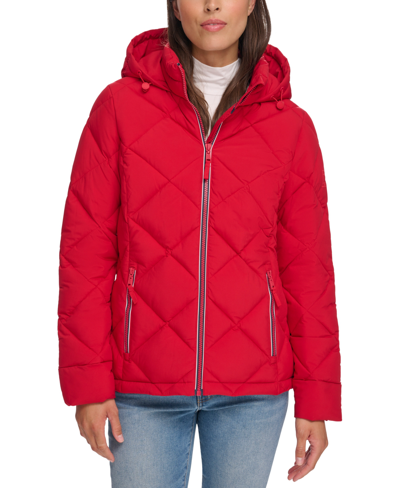 Tommy Hilfiger Women's Diamond Quilted Hooded Packable Puffer Coat, Created For Macy's In Crimson