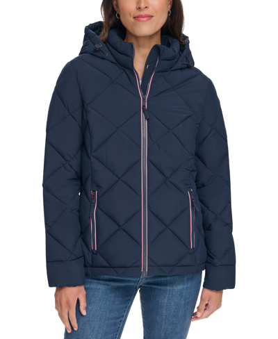 Tommy Hilfiger Women's Diamond Quilted Hooded Packable Puffer Coat, Created For Macy's In Navy