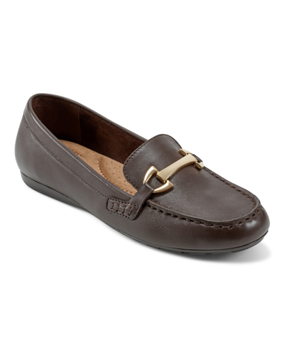 Easy Spirit Women's Eflex Amalie Square Toe Casual Slip-on Flat Loafers In Dark Brown Leather