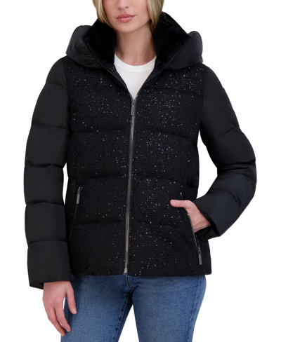 Laundry By Shelli Segal Women's Sparkle Hooded Puffer Coat In Black