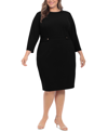 London Times Plus Size 3/4-sleeve Tab-waist Sheath Dress In Black