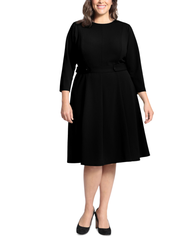 London Times Plus Size 3/4-sleeve Tab-waist Fit & Flare Dress In Black