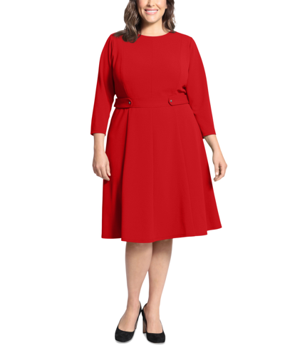 London Times Plus Size 3/4-sleeve Tab-waist Fit & Flare Dress In Red