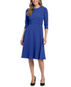 London Times Petites Womens Crepe 3/4 Sleeves Fit & Flare Dress In Blue