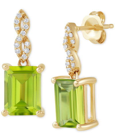 Macy's Peridot (3-1/5 Ct. T.w.) & Diamond (1/10 Ct. T.w.) Cushion Drop Earrings In 14k Gold