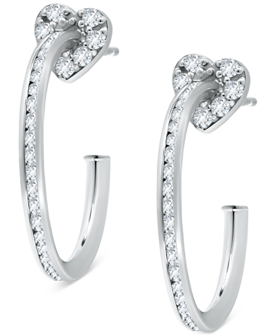 Giani Bernini Cubic Zirconia Heart Motif Small Hoop Earrings, 0.88", Created For Macy's In Sterling Silver